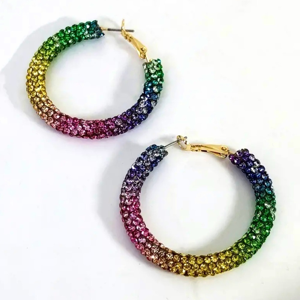 Multicolor Rhinestone Hoop Earrings - Picture 2 of 6